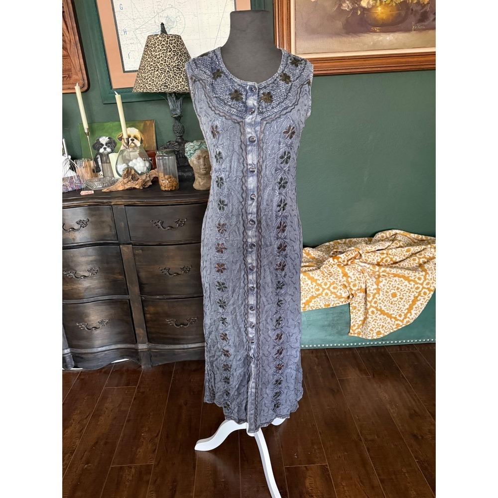 Wild Flowers whimsical Blue Embroidered Crochet Button Front Tie Back Maxi Dress